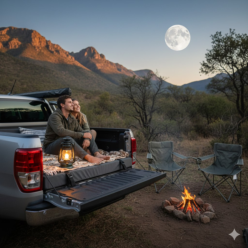 Navara Canopy Mattress Camping Couple camping beside a bakkie with a custom canopy mattress in the load bin
