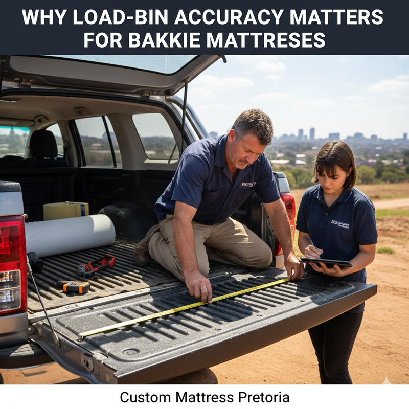 Measuring a Bakkie Load Bin Measuring a bakkie load bin with a tape measure for a custom-fit mattress